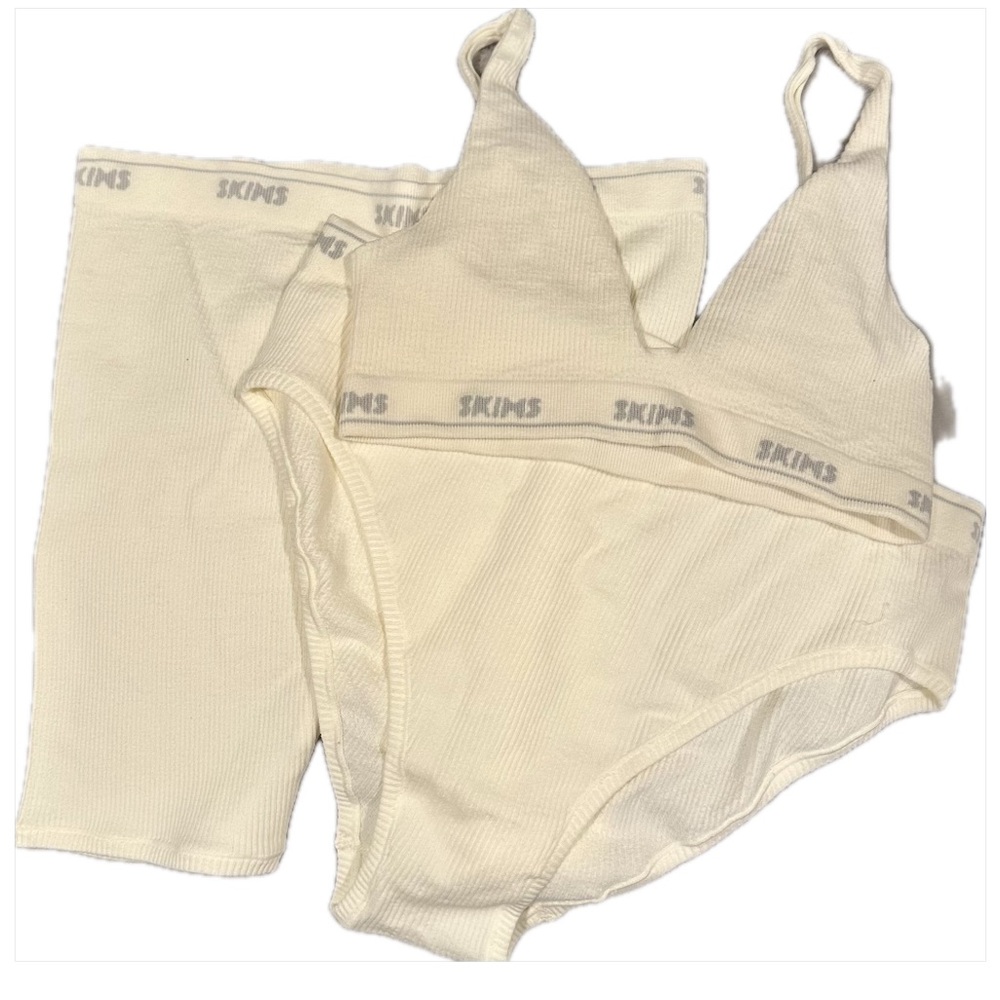 SKIMS Cotton Rib 3 Piece Box Set (Bralette, Brief, Boxer) Cream Color